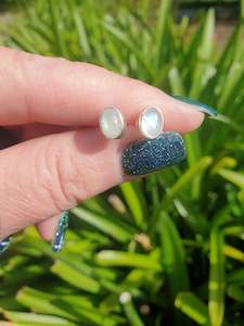 Earrings: Rainbow Moonstone | Polished Sterling Silver Stud Earrings Oval 8mm
