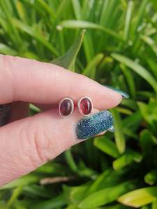 Garnet | Polished Sterling Silver Stud Earrings Oval 8mm