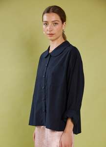 Blouses: Peter Pan Shirt - French Navy Tencel Cotton