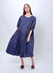 Dresses: Happy All Day Dress - Navy Cotton Spots
