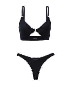 Eyelet Trim Bralette and Thong Set - Noir