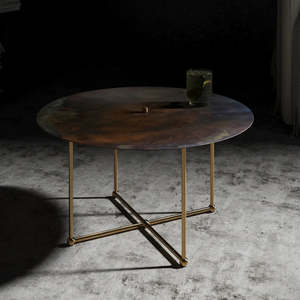 Coffee Side Tables: RENZO SERAFINI | QUATTRO QUARTI ROUND BROWN STEEL COFFEE TABLE WITH LED LIGHT