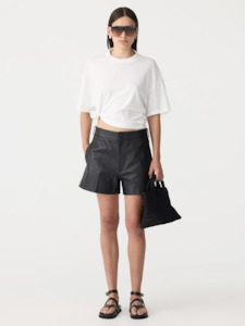 Pants Shorts: Pleated Mini Short in Black Leather
