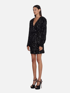 Sale: Samantha Sequin Wide Shoulder Wrap Dress in Black