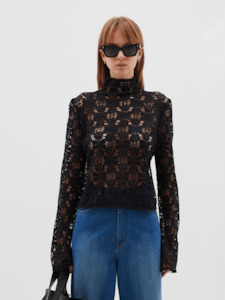 Bassike: Long Sleeve Lace Top in Black