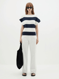 Boatneck Cap Sleeve Knit in Ink/Natural Stripe