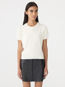 Tees Tops: Cotton Linen Slim Short Sleeve Knit in White