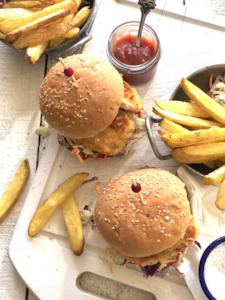 Dinner: 35 Minute Crispy Chicken Burgers with Oven Fries and Slaw