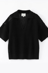 Aleger: N.305 Cotton/ Cashmere Open Knit Polo Black