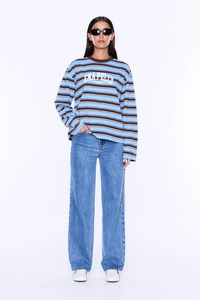 Tops: Maria Boxy Long Sleeve Tee Blue/ Brown Stripe