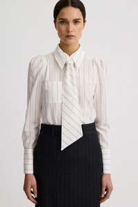Smythe: Neck Tie Box Pleat Shirt White Stripe
