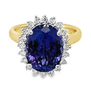 Ascolani: 18ct Yellow/White Gold Tanzanite & Diamond Halo Ring TZ=5.18ct DI=0.42ct
