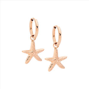 Stainless Steel 11Mm Hoop Earrings W/ Starfish Drop, Rose Gold Ip Plated