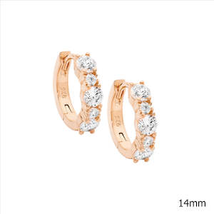 Sterling Silver 14Mm Hoop Earrings W/ 2 & 3.5Mm Wh Cz, Rose Gold Plating