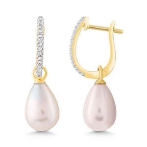 9ct Yellow Gold Diamond And Pearl Drop Earrings