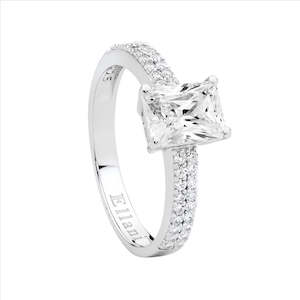 Sterling Silver 6 X 8 Solitaire W/Double Row Wh Cz Band Ring