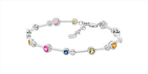 Sterling Silver Bezel Set Multi Colour Cz Bar Bracelet W/Ext Chain