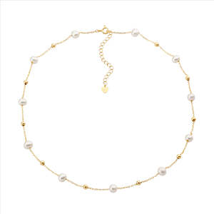 Sterling Silver Freshwater Pearl And Ball 40+ 5Cm Necklace, Gold Plated