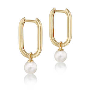 Pearl Jewellery: 9ct Yellow Gold Hollow Freshwater Pearl Oval Hoop Earrings