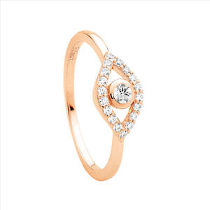 Sterling Silver Wh Cz Bezel Set Evil Eye Ring W/Rose Gold Plating