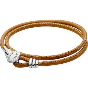 Golden Tan Moments Double Leather Bracelet W Stg