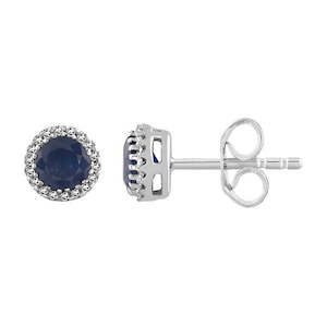 Coloured Stone Jewellery: 9ct White Gold Sapphire And Diamond Halo Stud Earrings