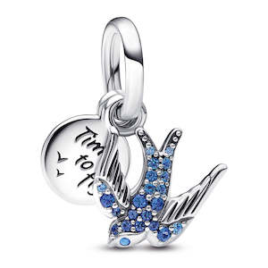 Charms: Swallow Sterling Silver Double Dangle With Night Blue, Skylight Blue And Stellar Blue Crystal