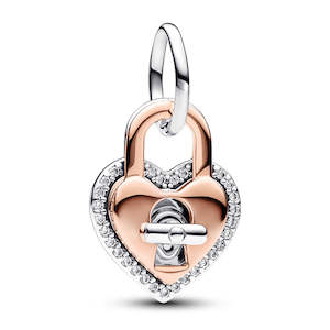 Padlock Heart Sterling Silver And 14K Rose Gold-Plated Dangle With Clear Cubic Zirconia