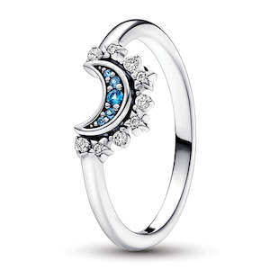 Pandora Rings: Celestial Moon Sterling Silver Ring With Night Blue Crystal And Clear Cubic Zirconia