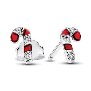 Pandora Earrings: Candy Cane Sterling Silver Stud Earrings With Clear Cubic Zirconia And Red Enamel