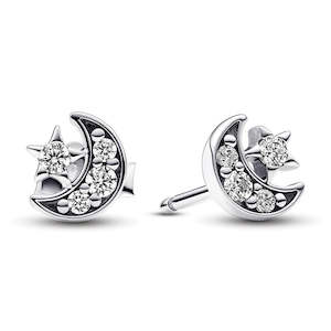 Pandora Earrings: Crescent Moon Sterling Silver Stud Earrings With Clear Cubic Zirconia