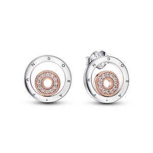 Pandora Logo Sterling Silver And 14K Rose Gold-Plated Stud Earrings With Clear C&hellip;
