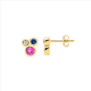 Ellani: Sterling Silver Bezel Set Multi Colour Cz Cluster Earrings W/Gold Plating