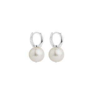 Najo: White Freshwater Round Pearl Attached To Silver Huggie Earring