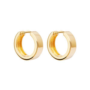 Najo: Yellow Gold Plated Silver,Straight-Sided Round Huggie Earring