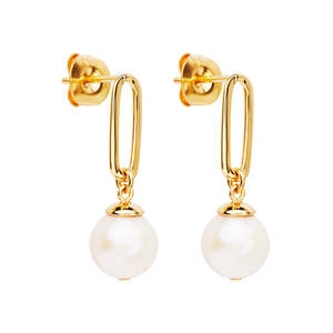 Najo: Yellow Gold Plated Silver Rectangle Link White Pearl Drop