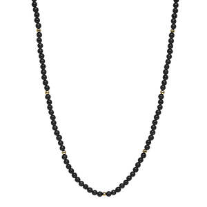 Najo: 4Mm Round Black Onyx & 3Mm Yellow Gold (14K 1Mc) Plated Silver Bead Necklace, 42Cm +5Cm Ext