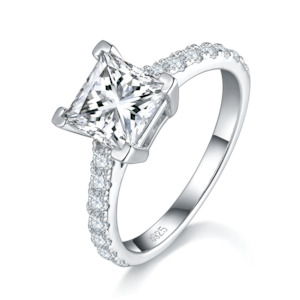 Frontpage: [Princess] Straight Arm Micro-paved 2 carat D Color Moissanite Ring in Sterling Silver