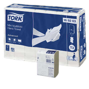 Hygiene: Tork T3 Advanced Mini Multifold Hand Towel 1 Ply White 185 Sheets per Pack 169203 Carton of 42