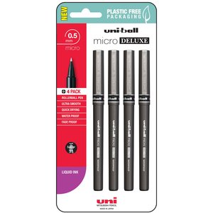 Uni Micro 0.5mm Deluxe Capped Rollerball Pen, Black, 4's pack