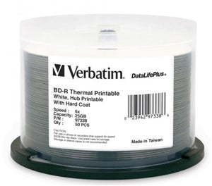 Verbatim BD-R 25GB 6X White Wide Thermal Printable Blu-Ray Disks, 50 Pack on Spindle