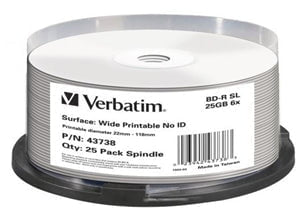 Verbatim BD-R 25GB 6X White Wide Printable Blu-Ray Disks, 25 Pack on Spindle