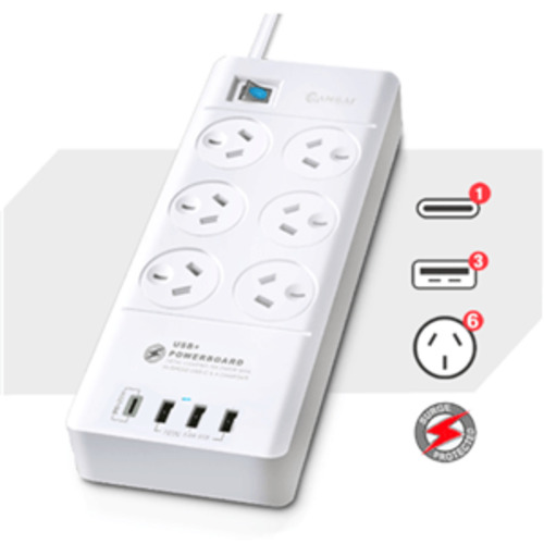 Sansai: Sansai 6 Way Surge Powerboard with 3x USB, 1x USB-C Charging Ports