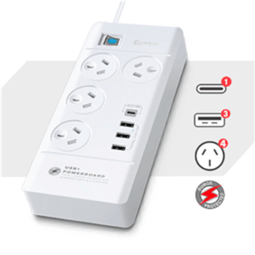 Sansai 4 Way Surge Powerboard with 3 x USB-A & 1x USB-C