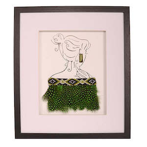 Framed Korowai on Modern Lady. Forest colours