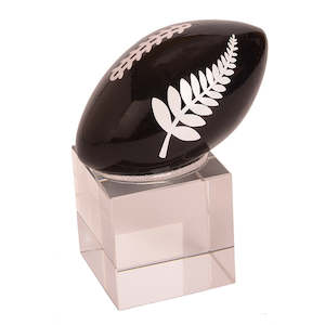 Mini Glass Ornaments: Glass Black Rugby Ball with Fern on Stand