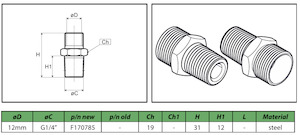 Body Male Stud Couplings: Body male stud coupling 12mm 1/4" Steel F170785