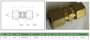 Straight Connecting Couplings: Straight Connecting Coupling 3/16" 3/16" F000222