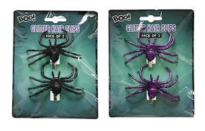 Hair Accessories: GLITTER SPIDER HAIR CLIPS 2pk ASST