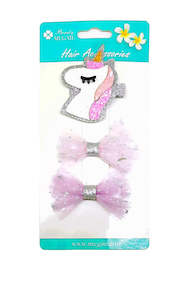 Hair Accessories: Hair Clips Unicorn w/lace Ribbon 3pc